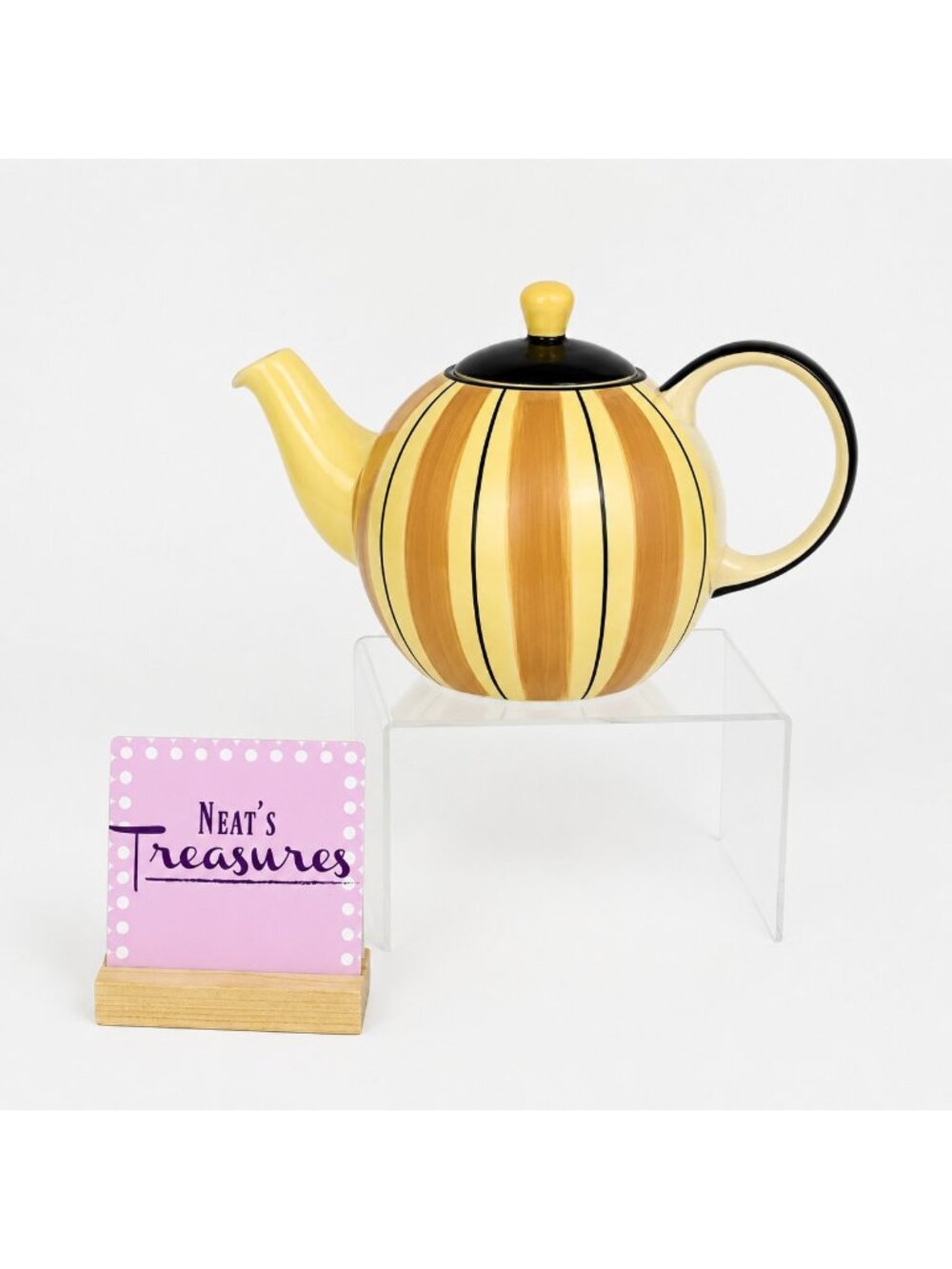 Hues N Brews CREME BRULEE Brown Cream Strips Swirls Stoneware Six Cup Teapot